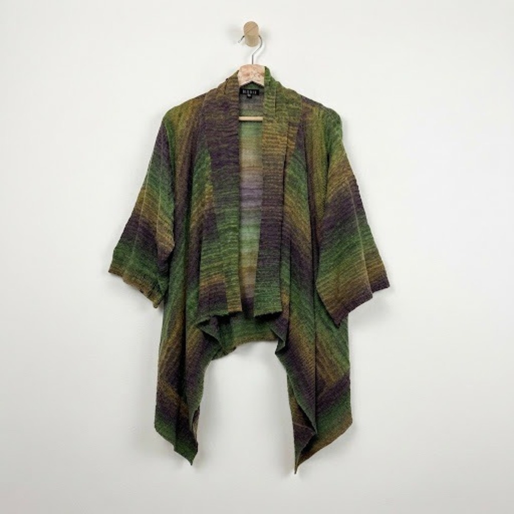 Sisters Cascade Draped Open Front Cardigan Sweater Green Purple S/M Moody Forest